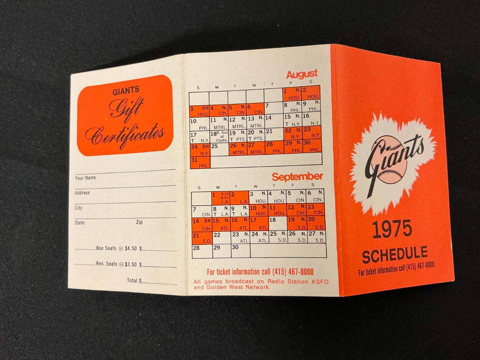 1975 San Francisco Giants Baseball Pocket Schedule 