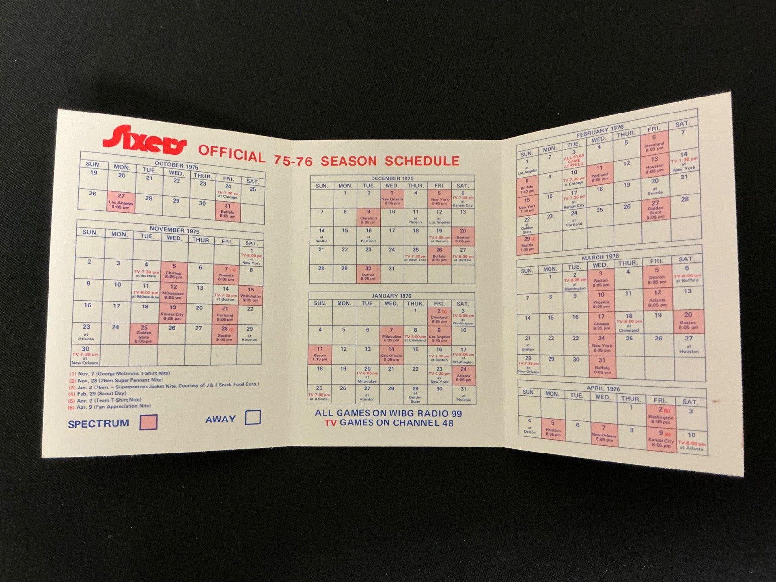 1975-1976 Philadelphia 76ers NBA Basketball Pocket Schedule 
