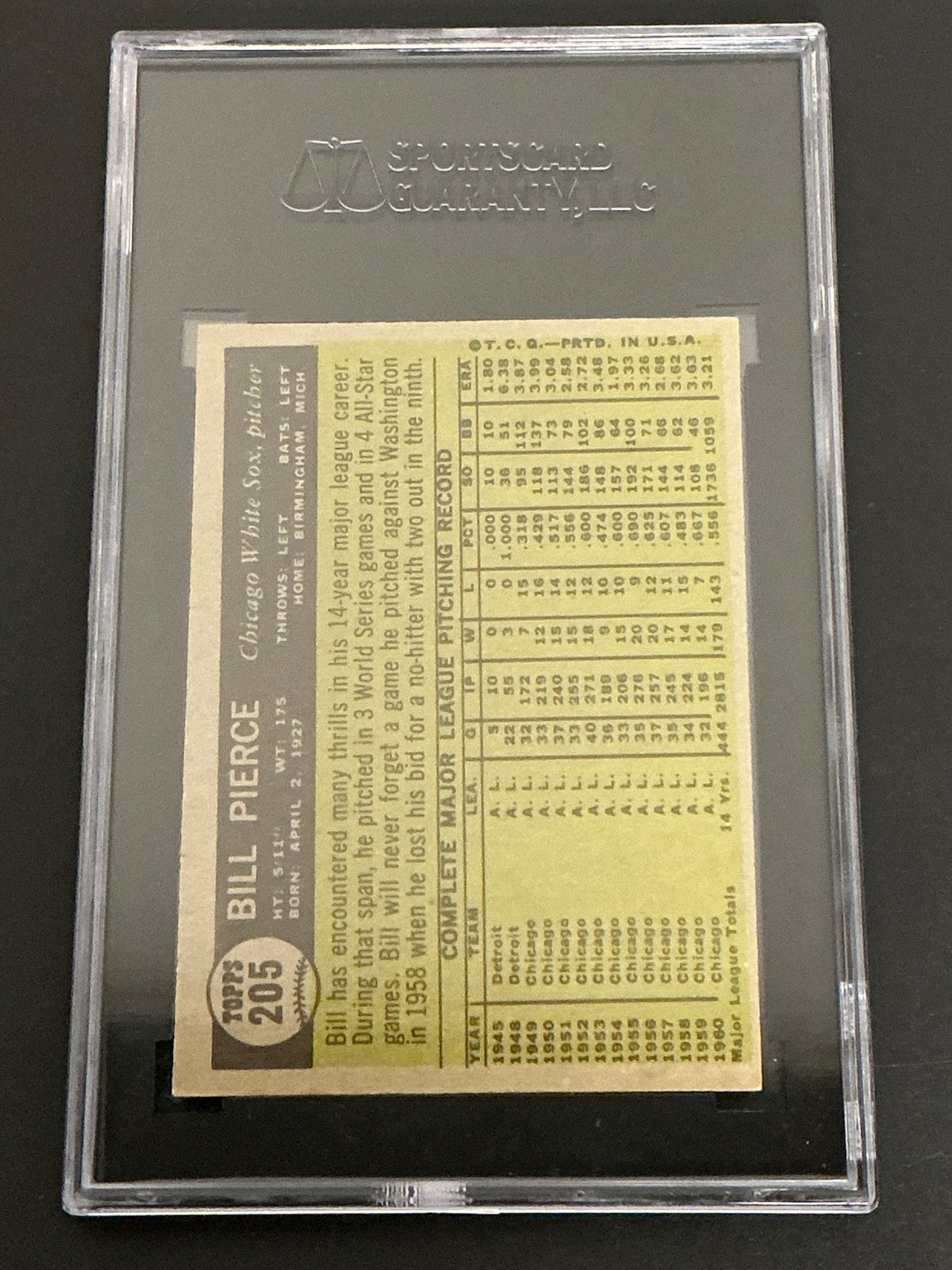 1961 Topps #205 Bill Pierce White Sox SGC 7 NM 112