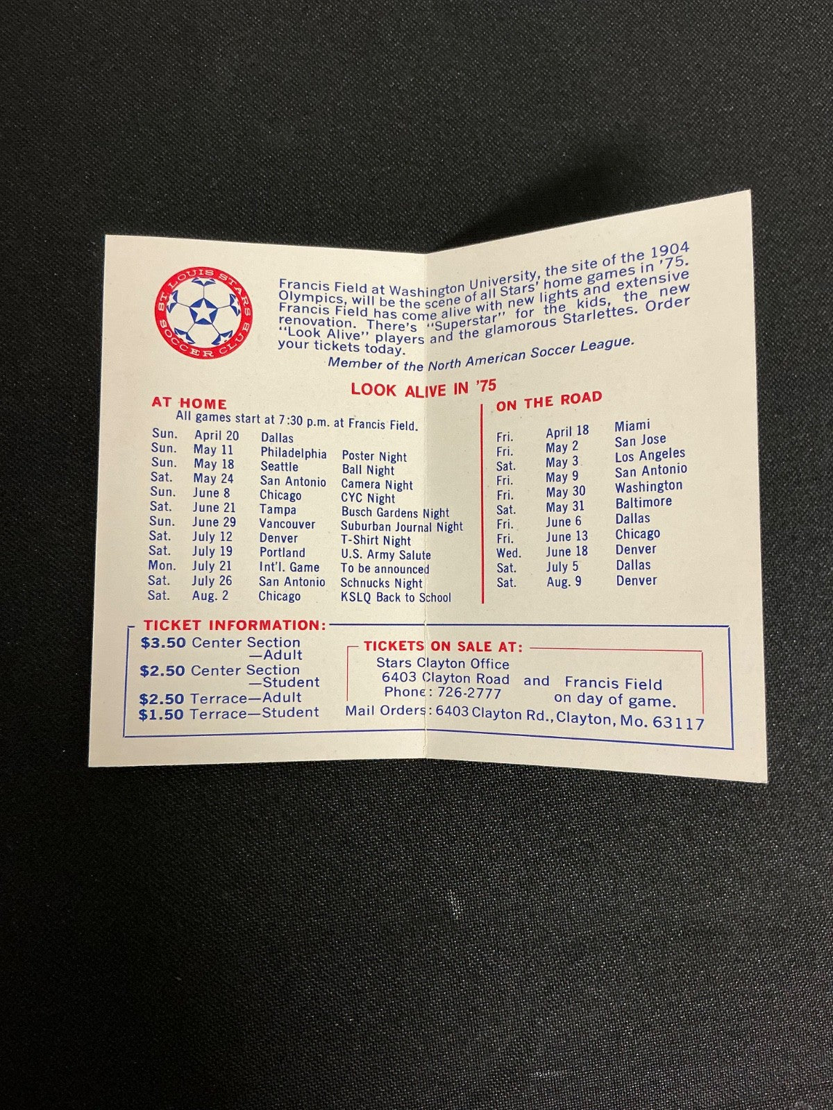 1975 St. Louis Stars Soccer Pocket Schedule