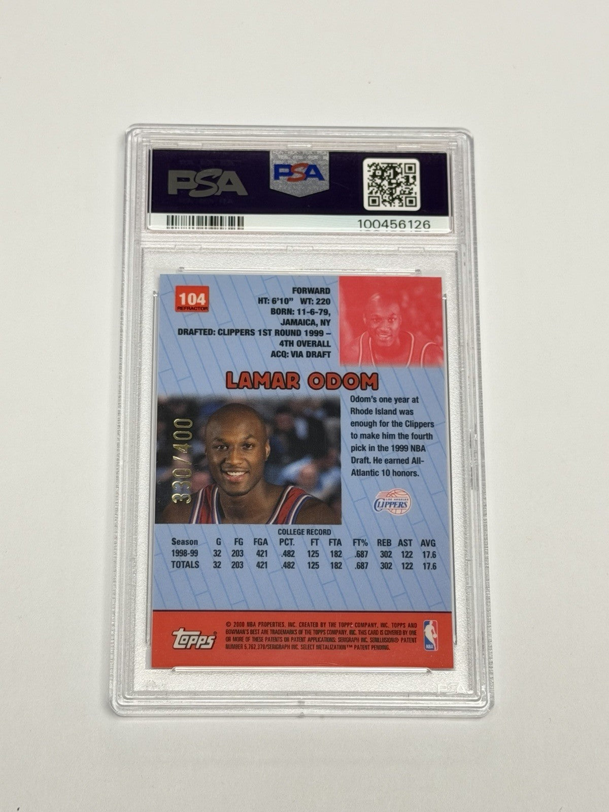 1999 Bowman's Best Lamar Odom Clippers #104 Refractor /400 (RC) PSA 9 MINT 126