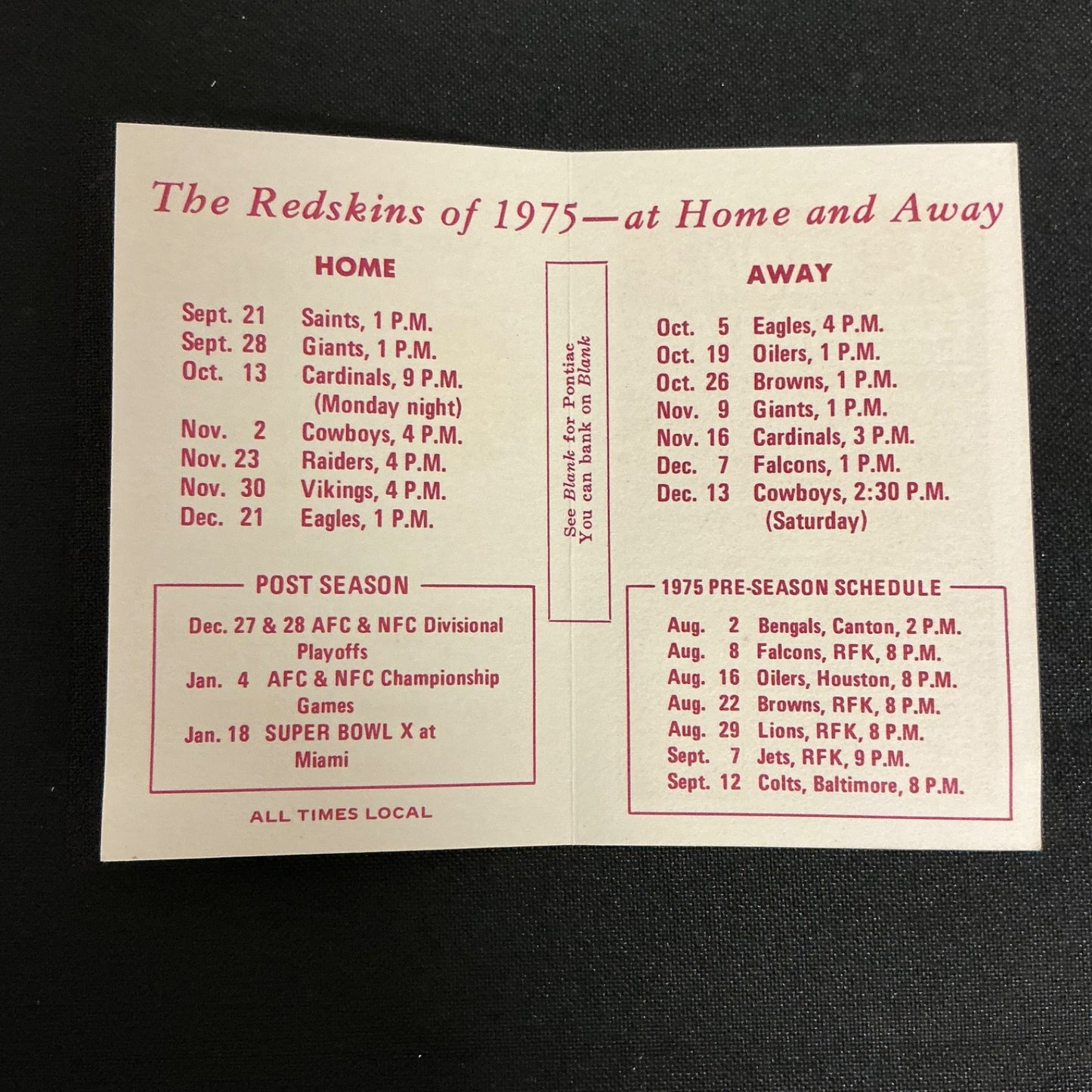 1975 Washington Redskins Football Pocket Schedule