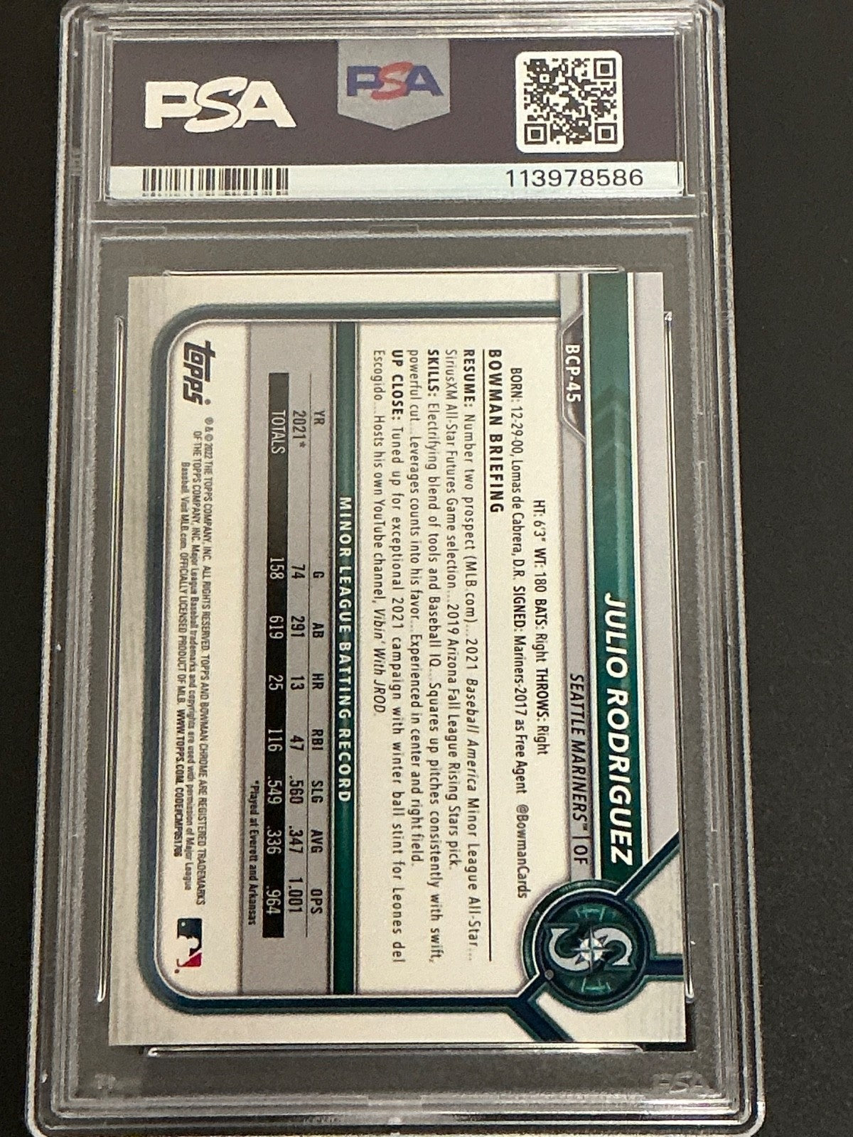 2022 Bowman #BC45 Julio Rodriguez Chrome Prospect Lava Refractor  PSA 9  MT /586