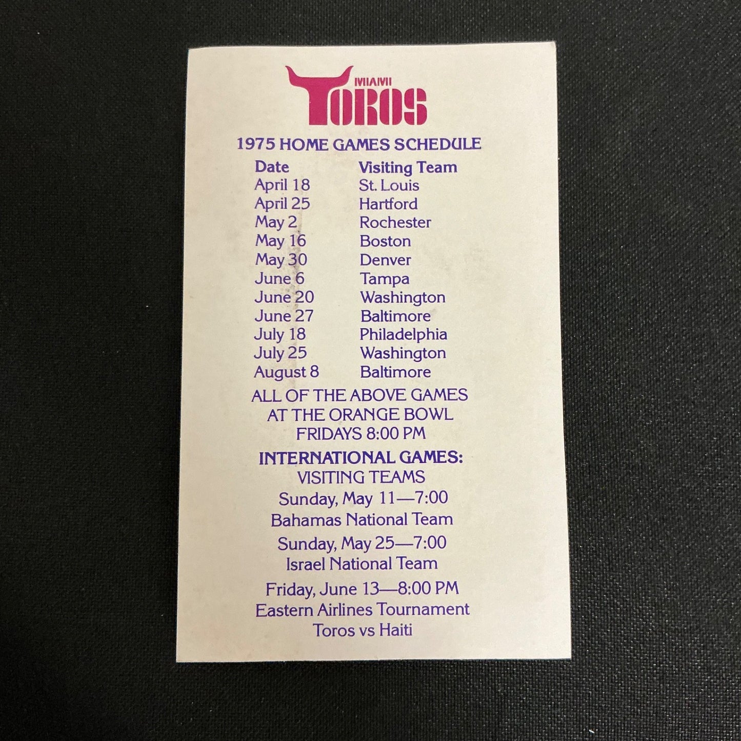 1975 Miami Toros NASL Pocket Schedule