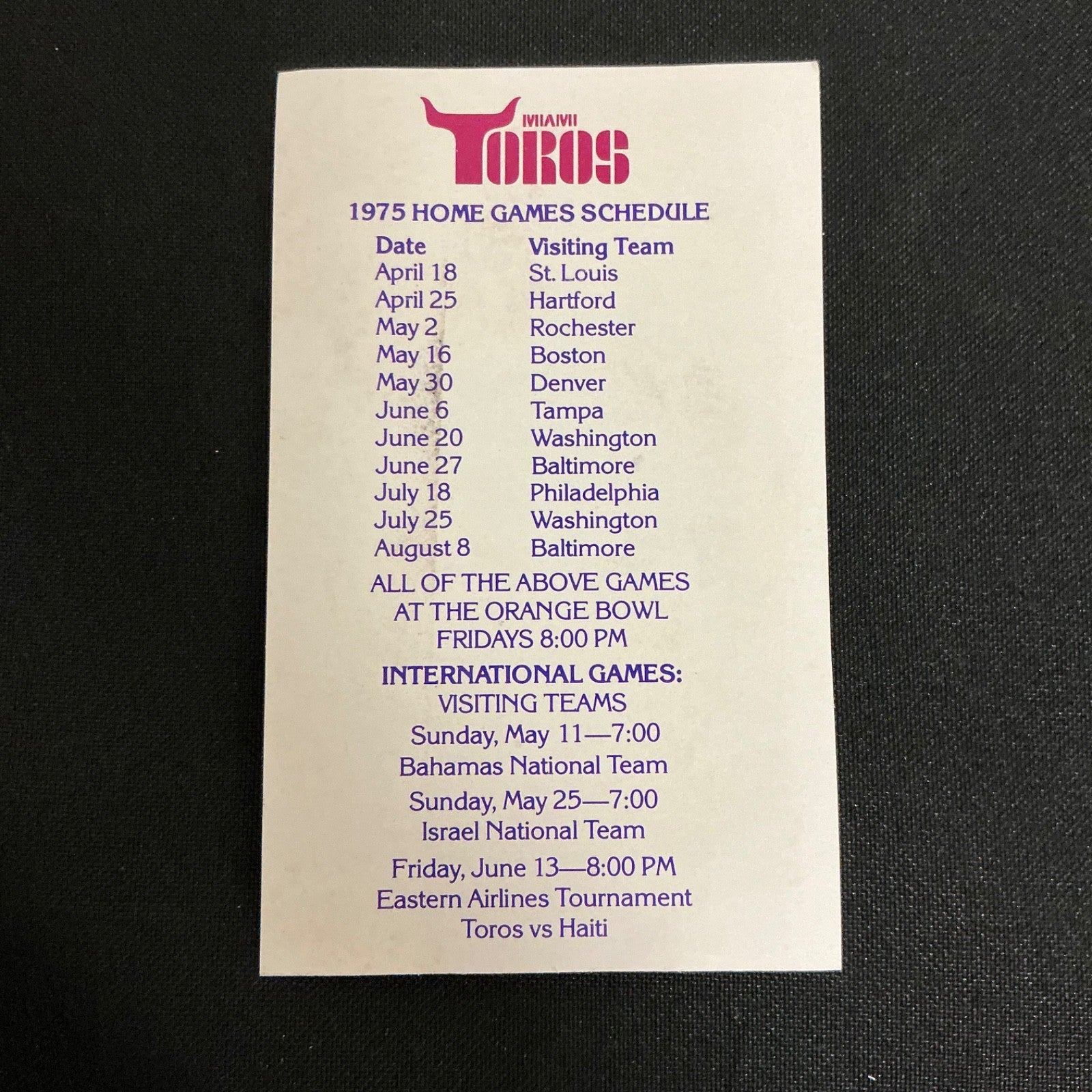 1975 Miami Toros NASL Pocket Schedule
