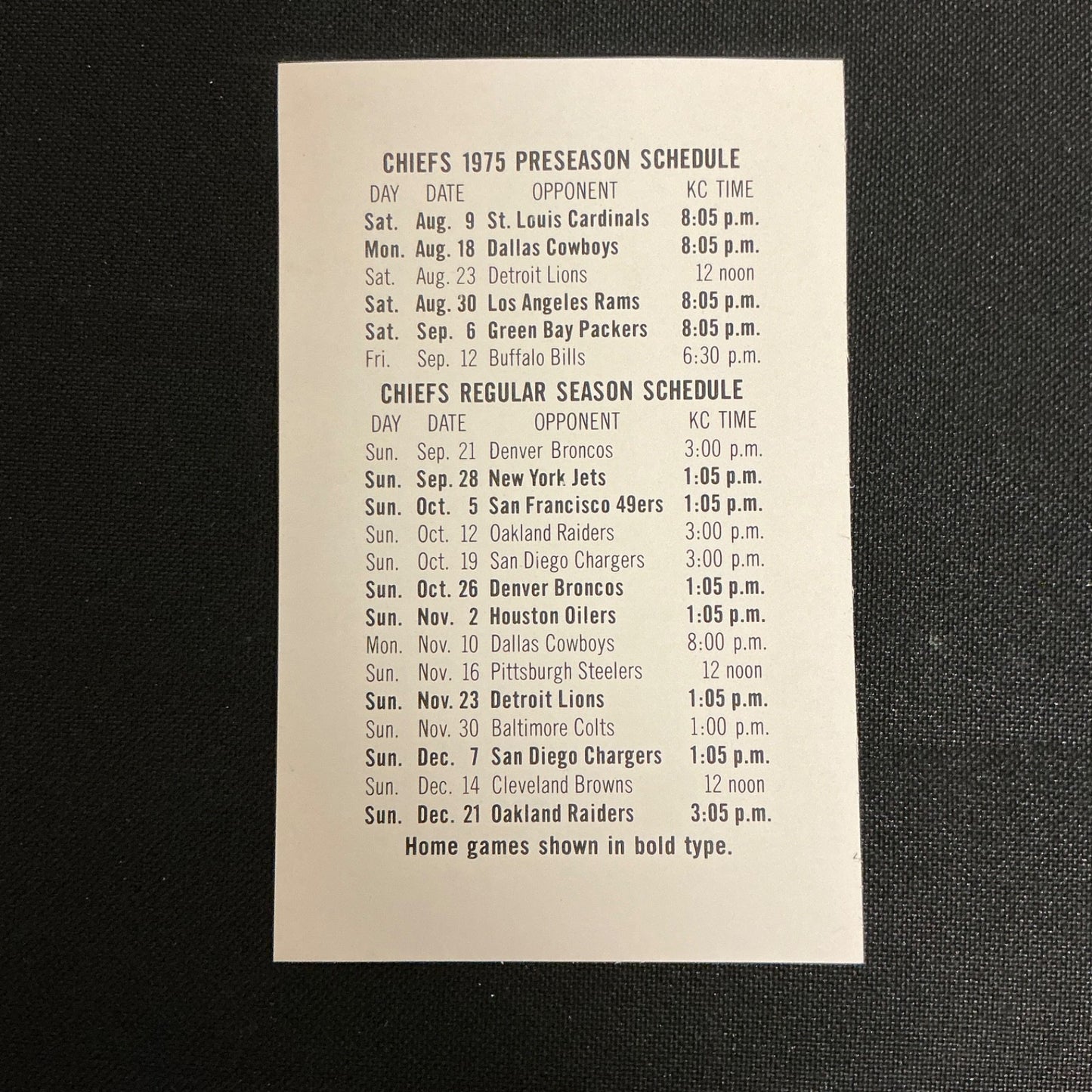 1975 Kansas City Chiefs Football Pocket Schedule