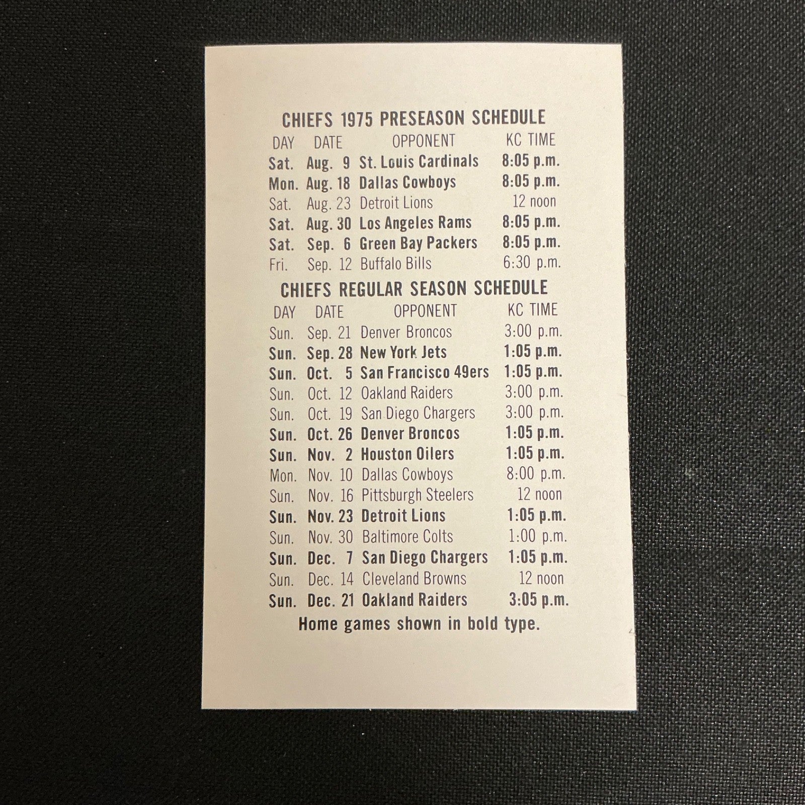 1975 Kansas City Chiefs Football Pocket Schedule