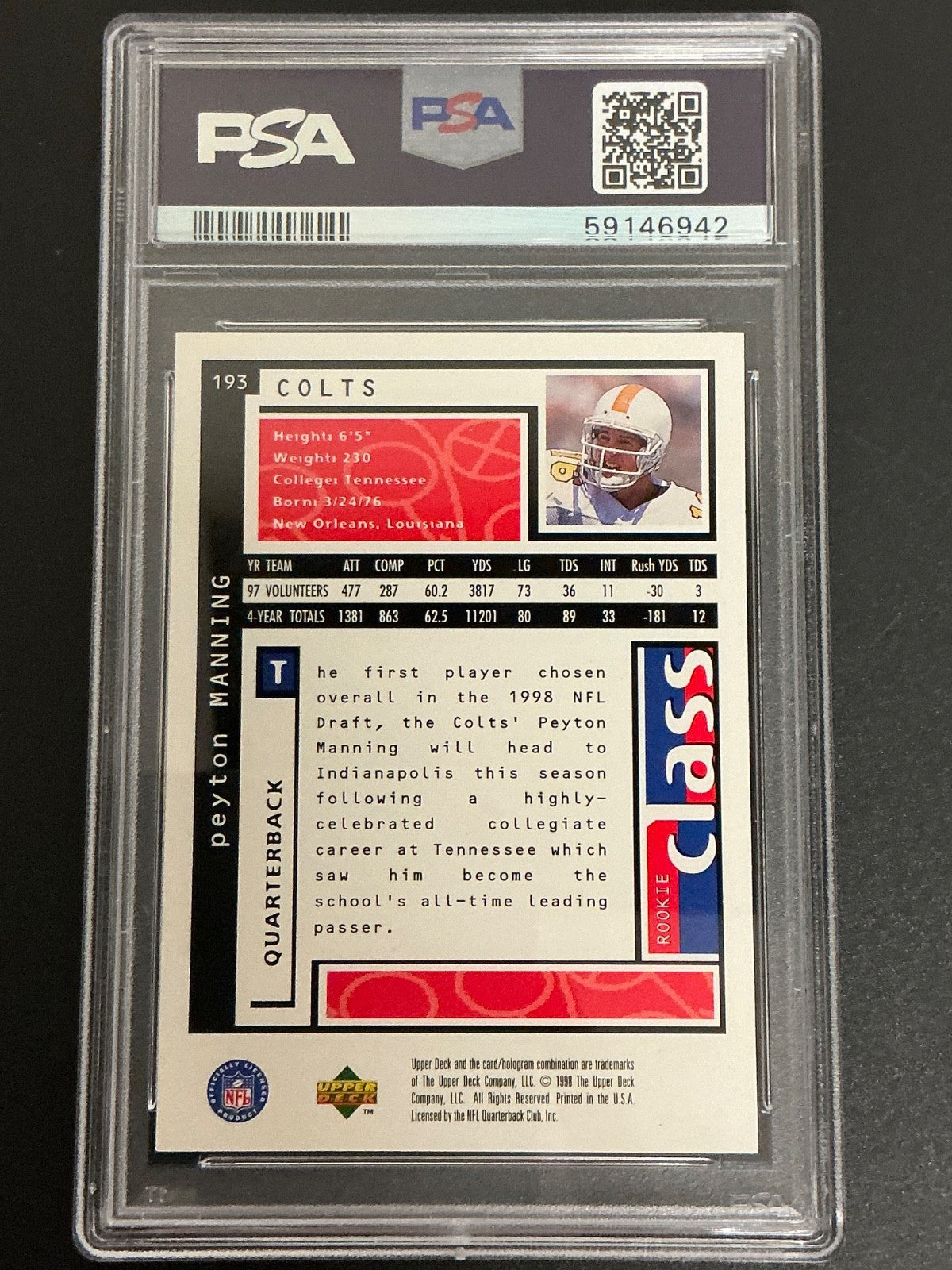 1988 U.D. Choice #193 Peyton Manning RC Colts PSA 7 NM 942