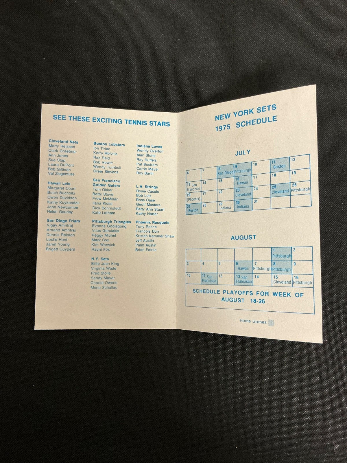 1975 N.Y. Sets World Team Tennis July/August Pocket Schedule