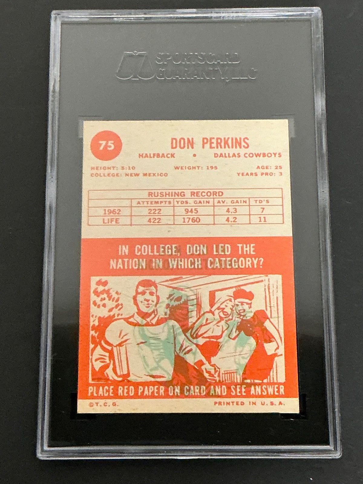 1963 Topps #75 Don Perkins Cowboys SGC 4 VG/EX 012