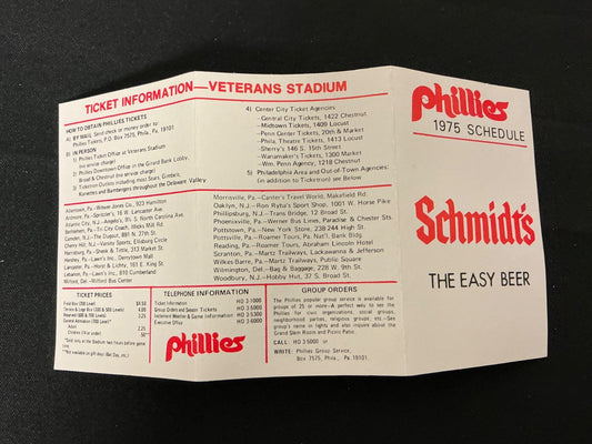 1975 Philadelphia Phillies Baseball Pocket Schedule 