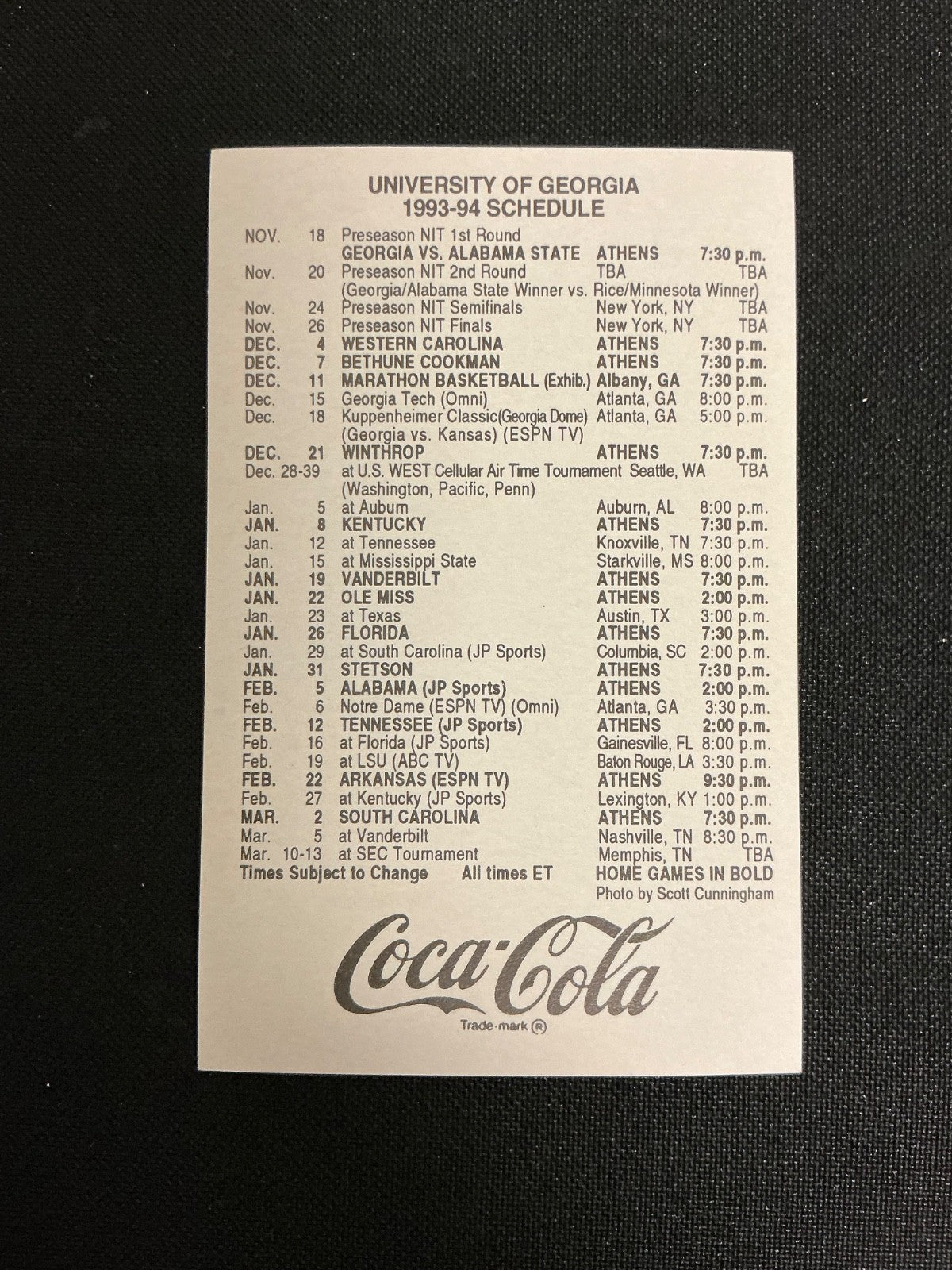 1993-1994 Georgia Bulldogs Men's Basketball Pocket Schedule 