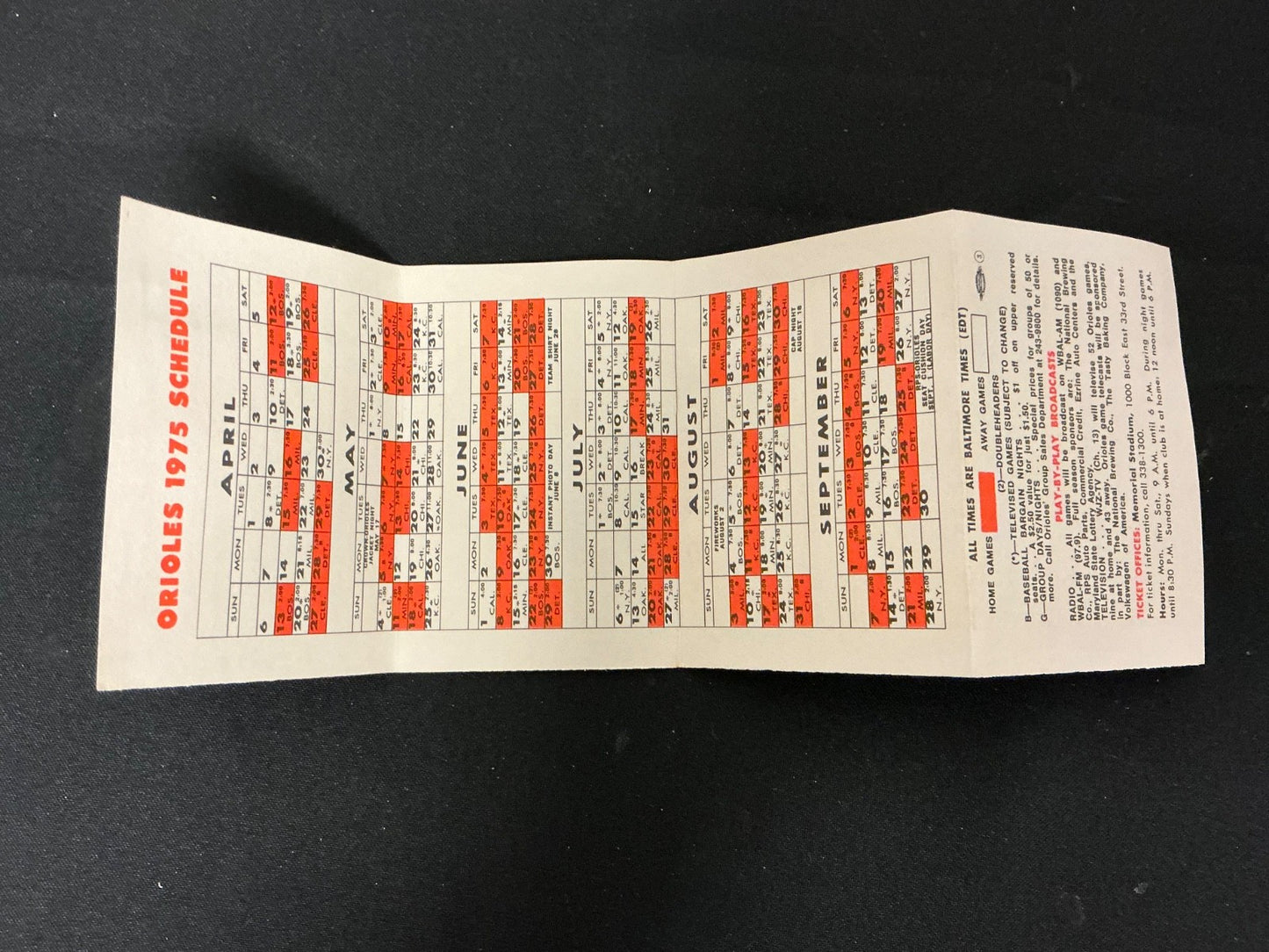 1975 Baltimore Orioles Baseball Pocket Schedule 