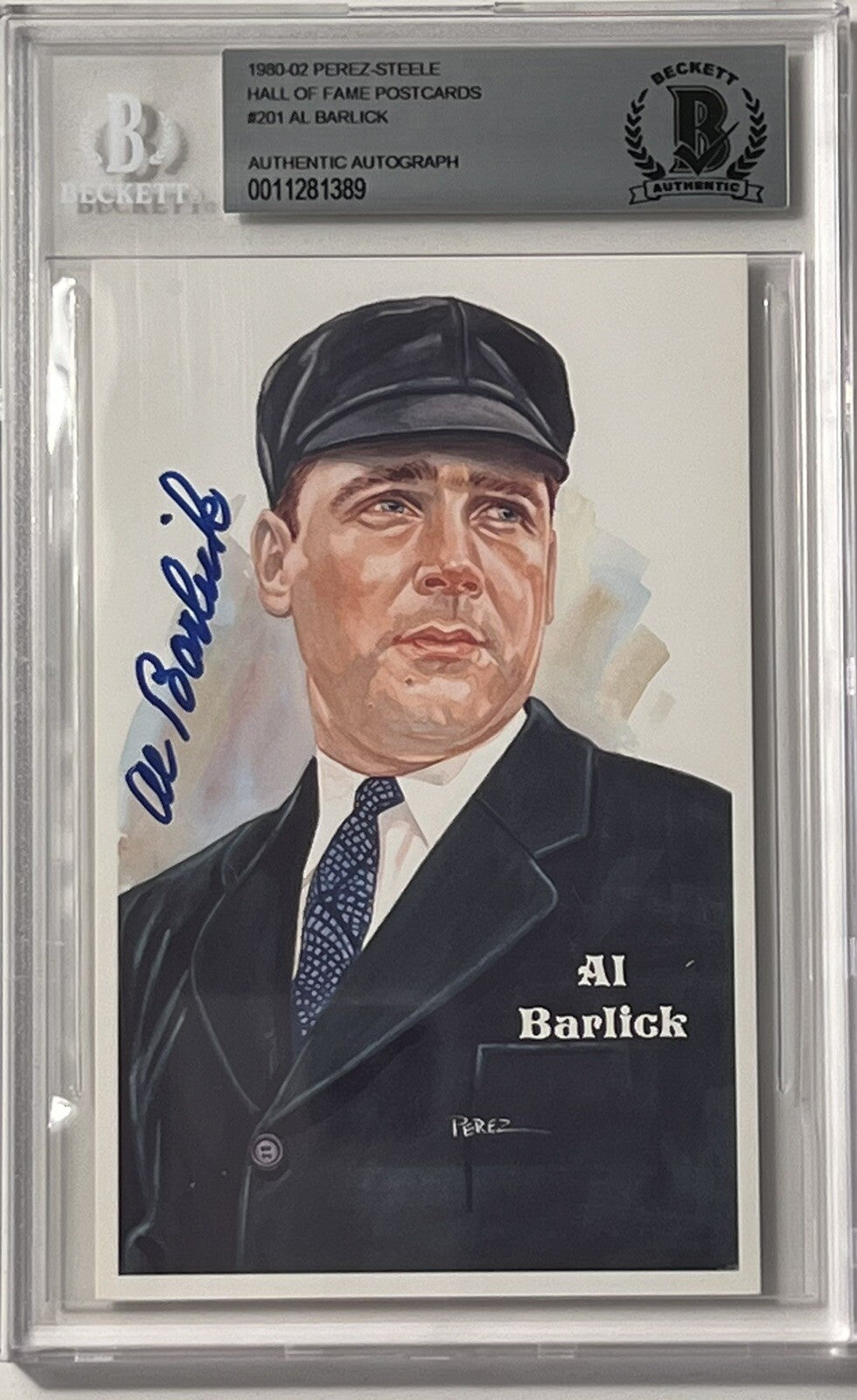 1980-02 Perez-Steele HOF #201 Al Barlick Signed Postacard BAS Beckett 389