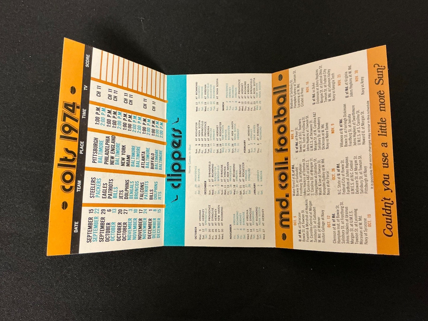 1974-1975 Colts, Clippers, MD. College Football, Horse Racing Pocket Schedule