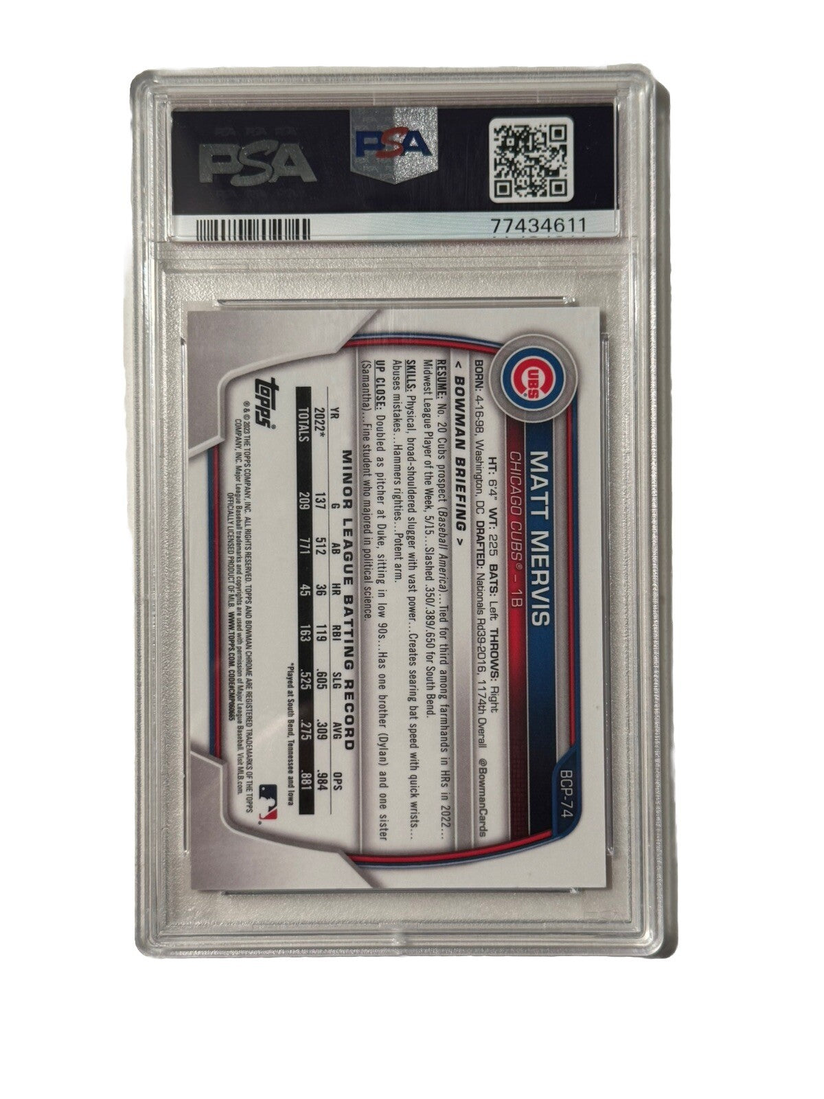2023 Bowman Chrome Pros #BCP74 Matt Mervis RED LAVA Refractor PSA 10 #1/5 POP 1