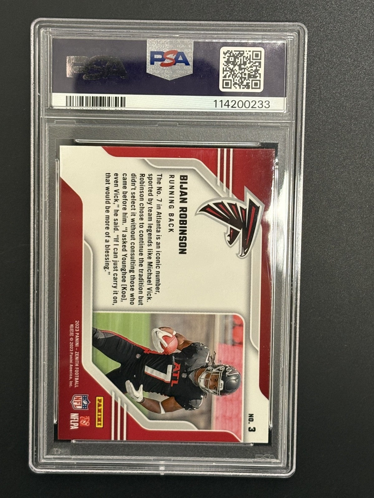 2023 Zenith #3 Bijan Robinson RC Behind the Numbers Autograph PSA/DNA Cert 233