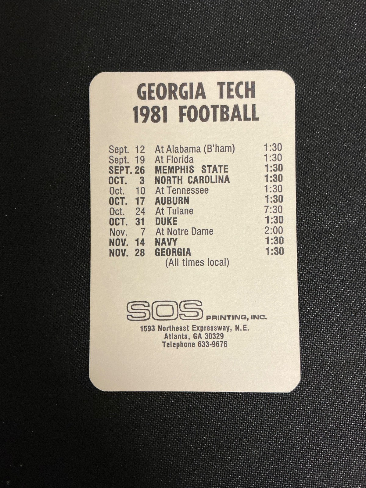 1981 Georgia Tech Yellow Jackets Football Pocket Schedule