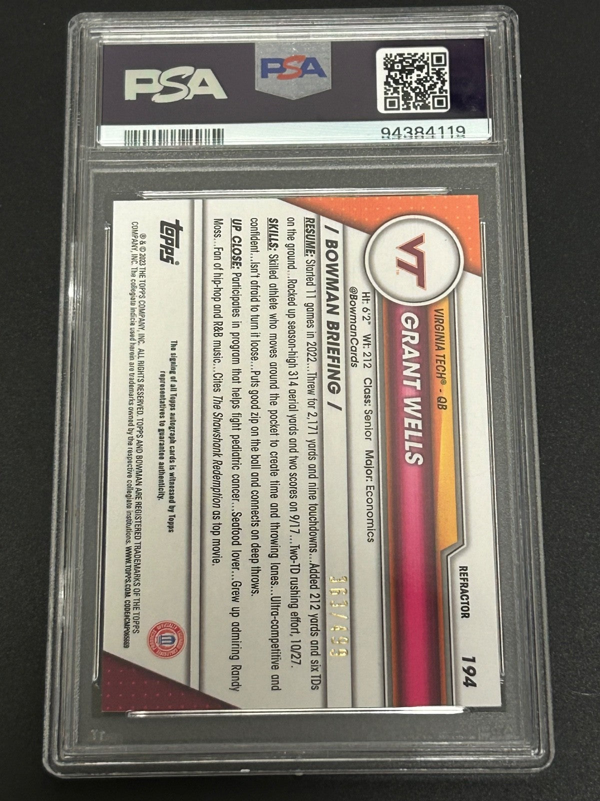 2023 Bowman U Chrome #194 Grant Wells 1ST BOWMAN Auto-Refractor /499 PSA 10 119