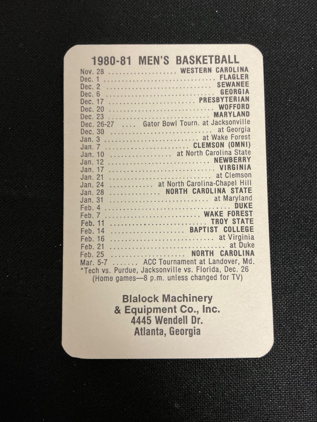 1980-1981 Georgia Tech Yellow Jackets Men's Basketball Pocket Schedule 