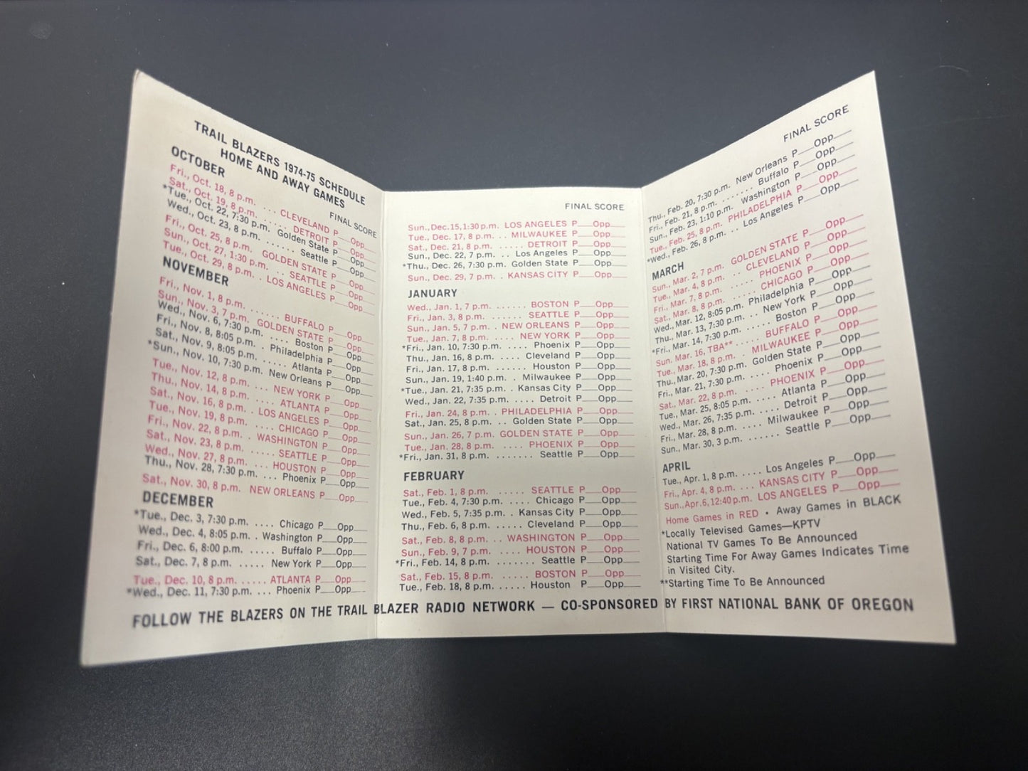 1974-1975 Bill Walton Portland Trail Blazers NBA Basketball Pocket Schedule 