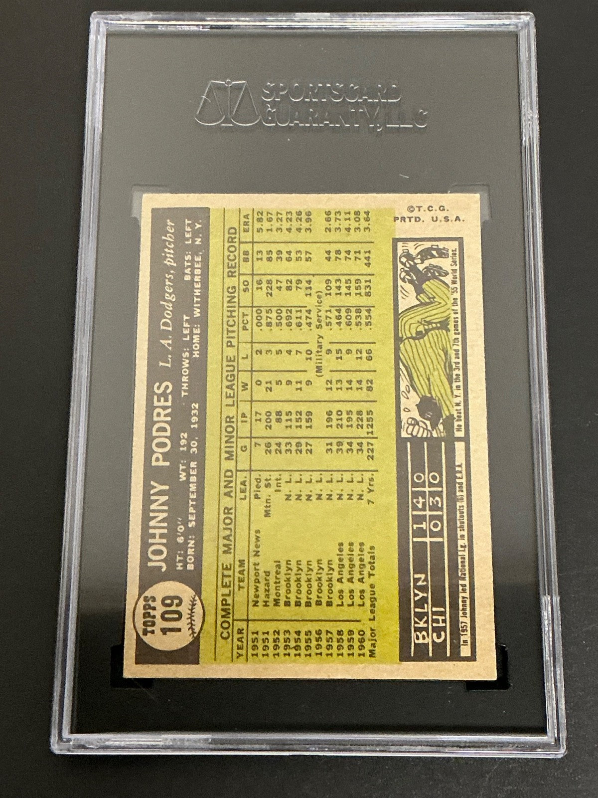 1961 Topps #109 Johnny Podres Dodgers SGC 7.5 NM+ 021