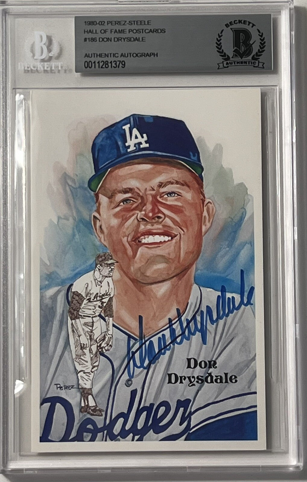 1980-02 Perez-Steele HOF #186 Don Drysdale Dodgers Signed postcard Beckett 379