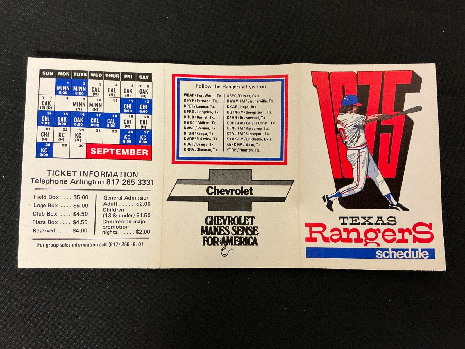 1975 Texas Rangers Baseball Pocket Schedule 