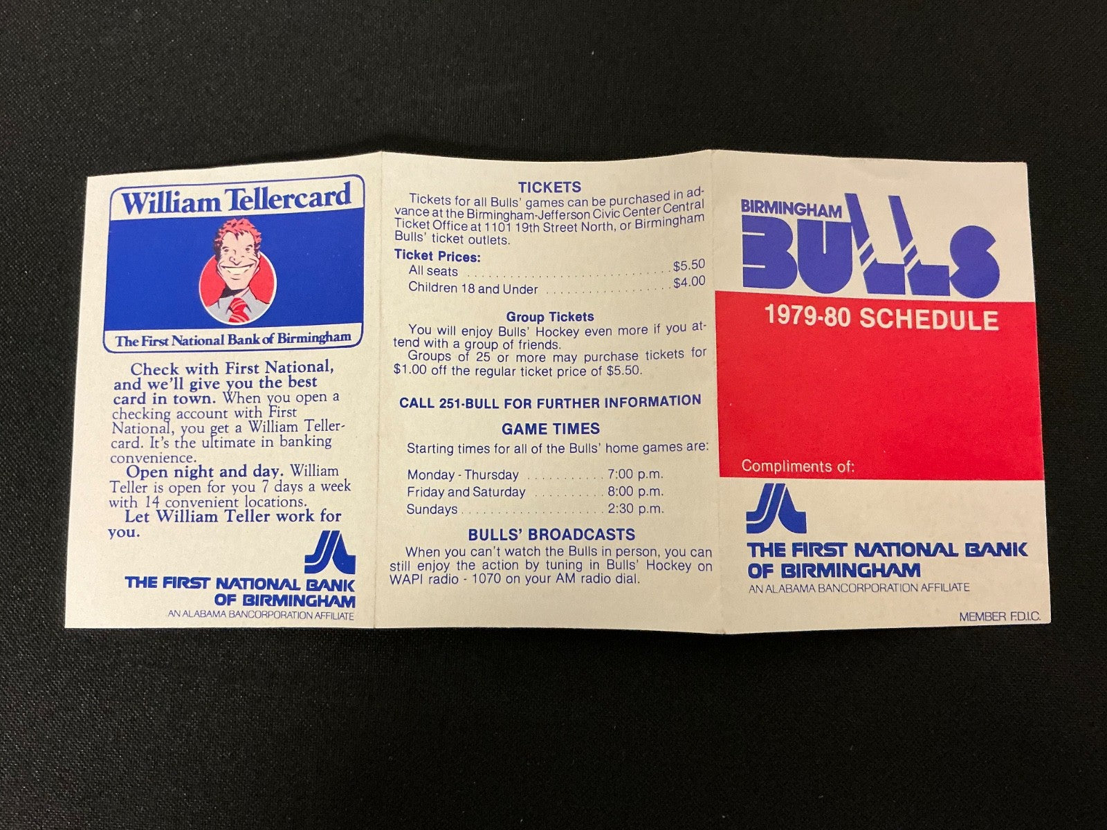 1979-1980 Birmingham Bulls SPHL Hockey Pocket Schedule 