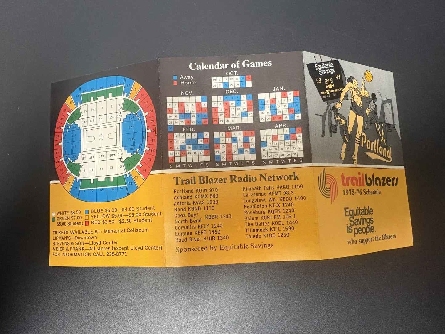 1975-1976 Portland Trail Blazers NBA Basketball Pocket Schedule 
