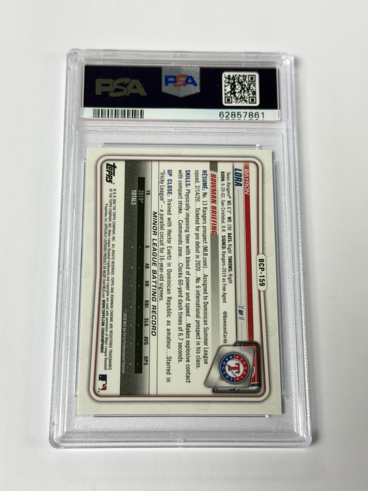 2020 BOWMAN CHROME #BCP159 BAYRON LORA PSA 9 MINT 861