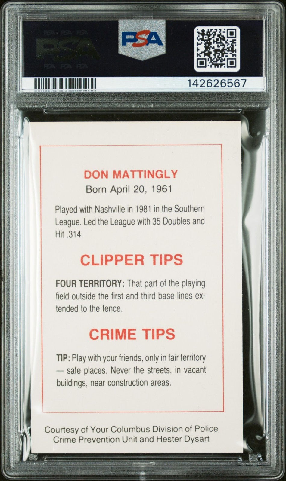 1982 Police Don Mattingly Columbus Clippers PSA 8 NM-MT