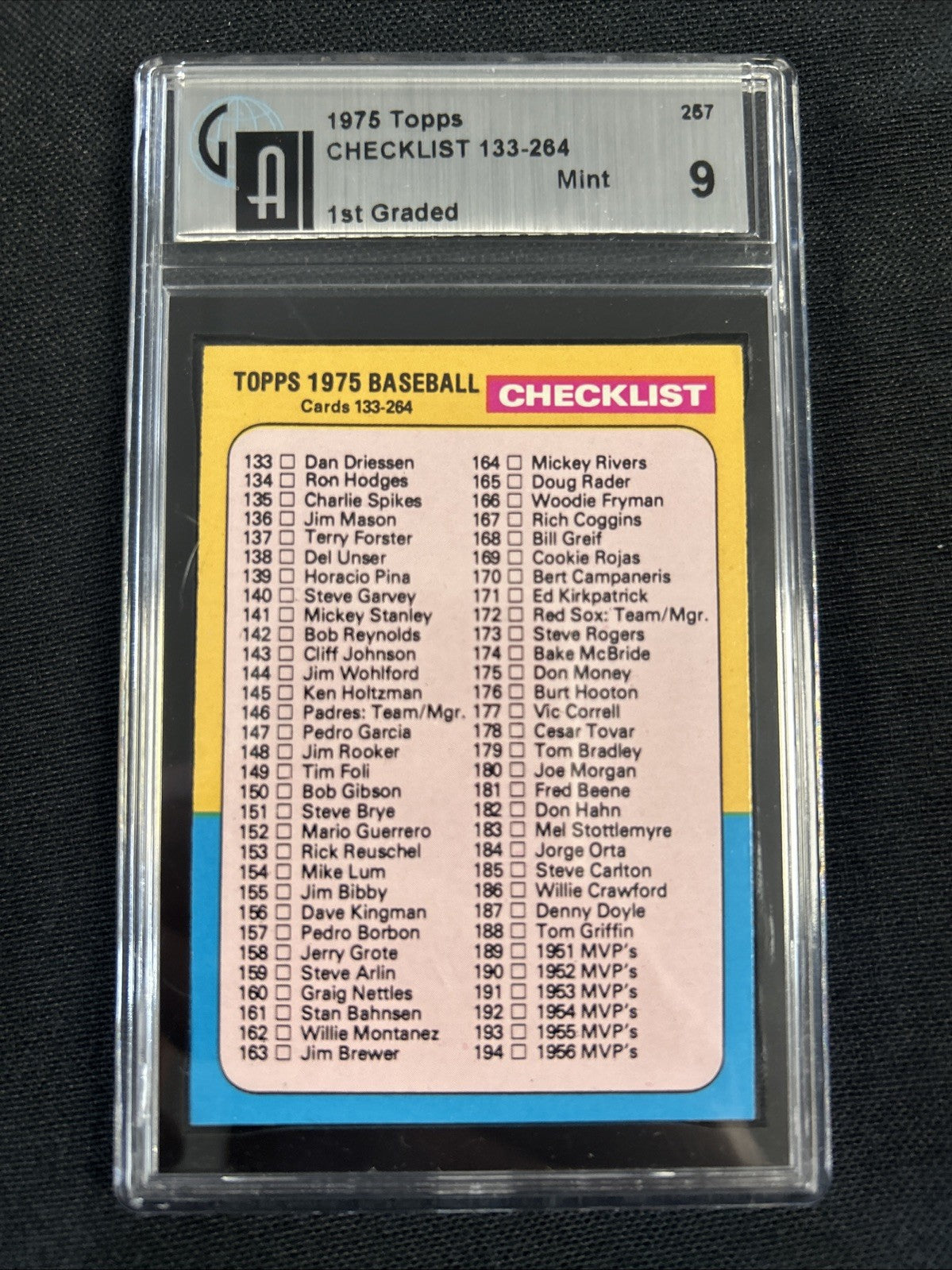 1975 Topps Checklist 133-264 Global Authentication 9 MINT 
