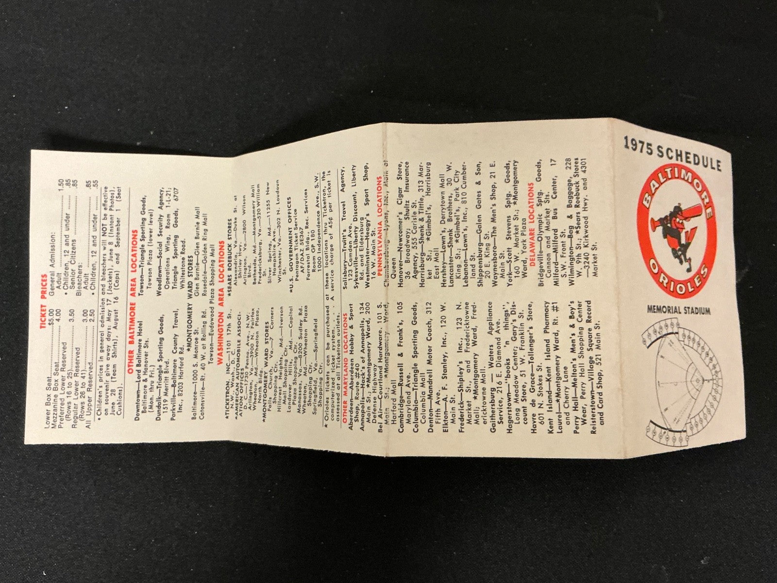1975 Baltimore Orioles Baseball Pocket Schedule 
