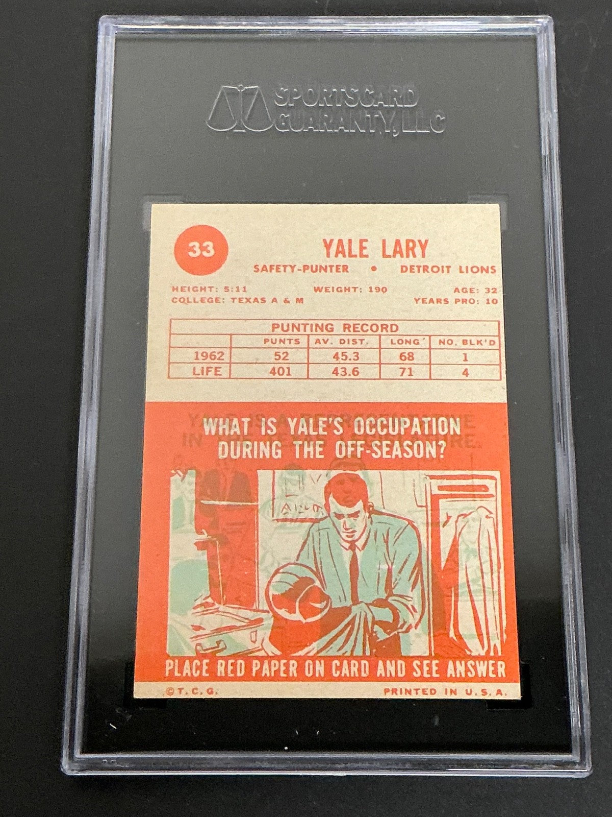 1963 Topps #33 Yale Lary Lions SGC 5 EX 012