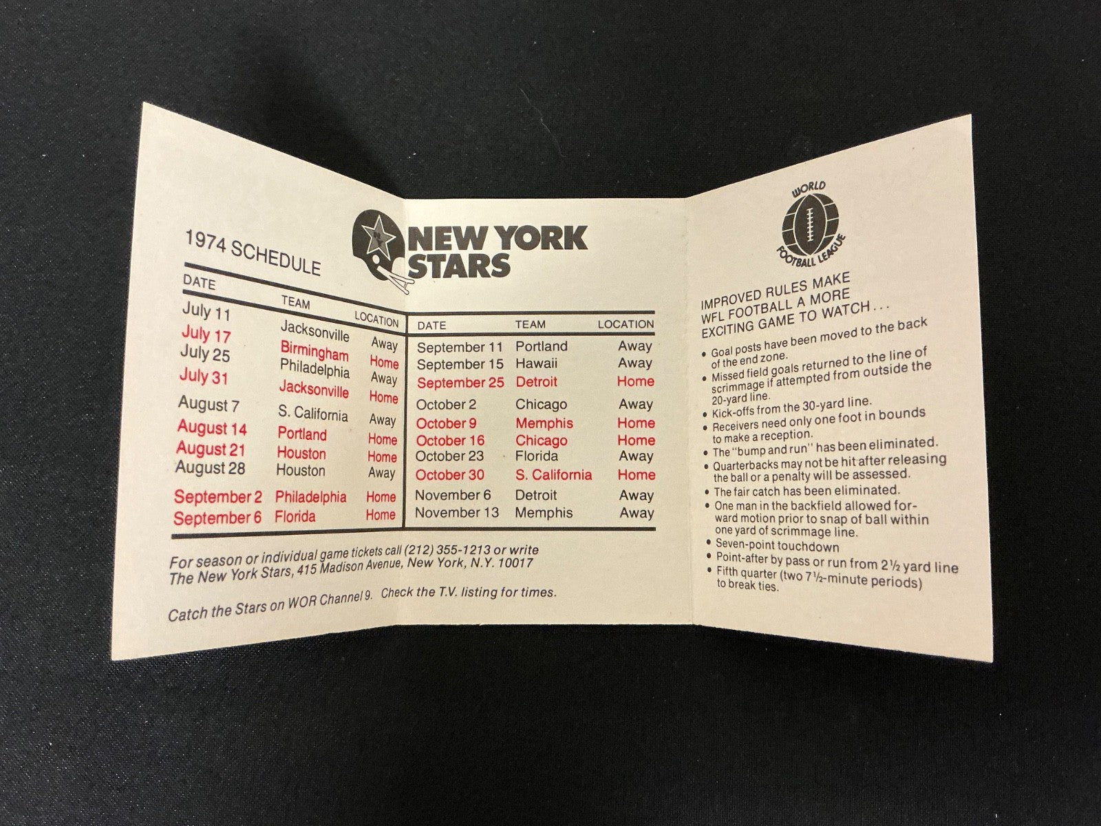 1974 New York Stars Football WFL Pocket Schedule 