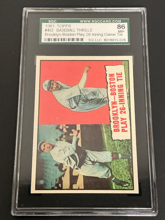 1961 Topps #403 Baseball Thrills Brooklyn-Boston Play 26 Inning Game Tie SGC 7.5