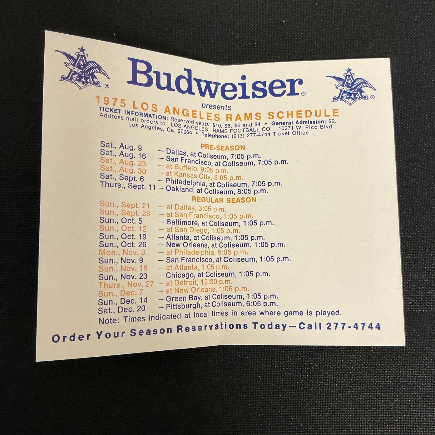 1975 Los Angeles Rams Football Pocket Schedule