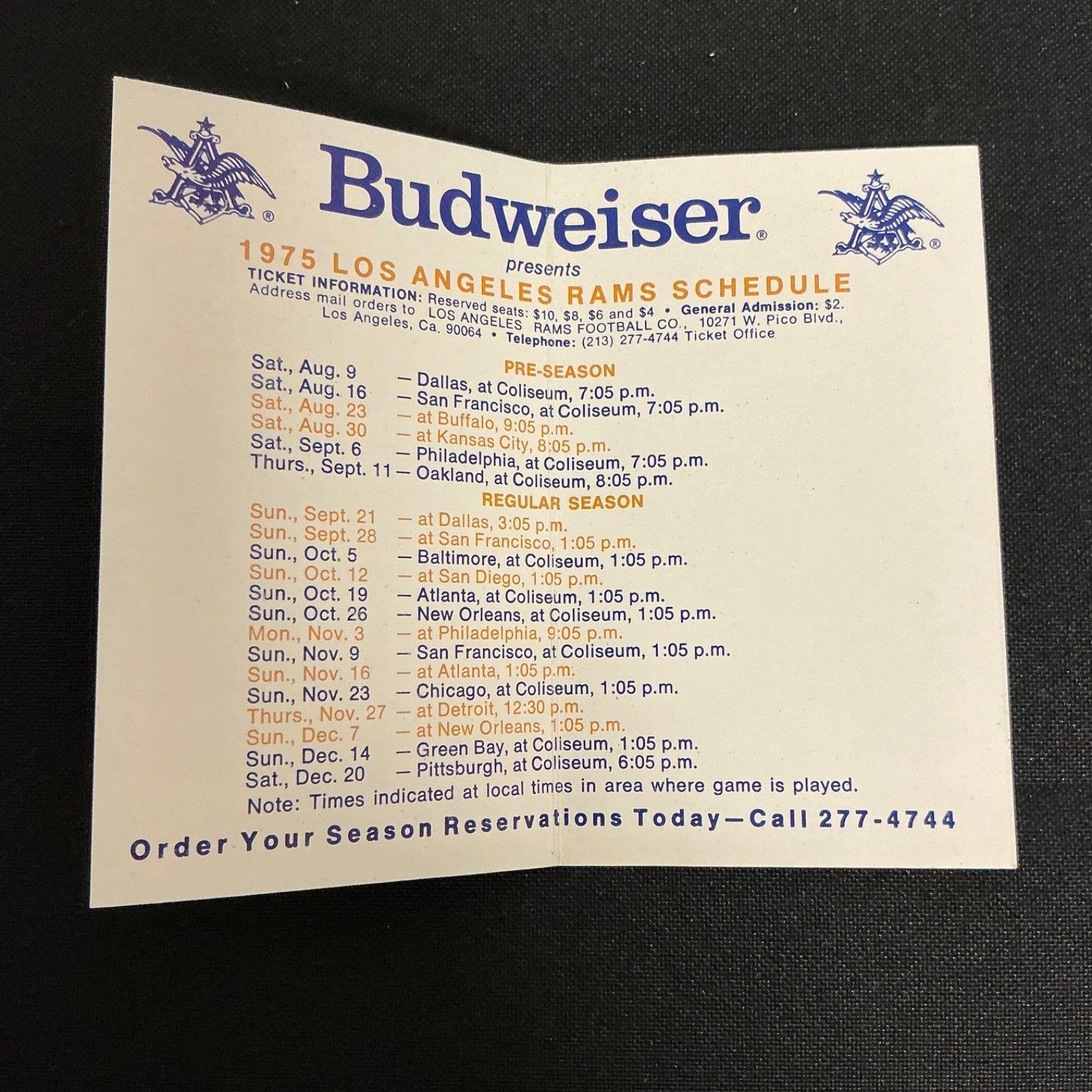 1975 Los Angeles Rams Football Pocket Schedule