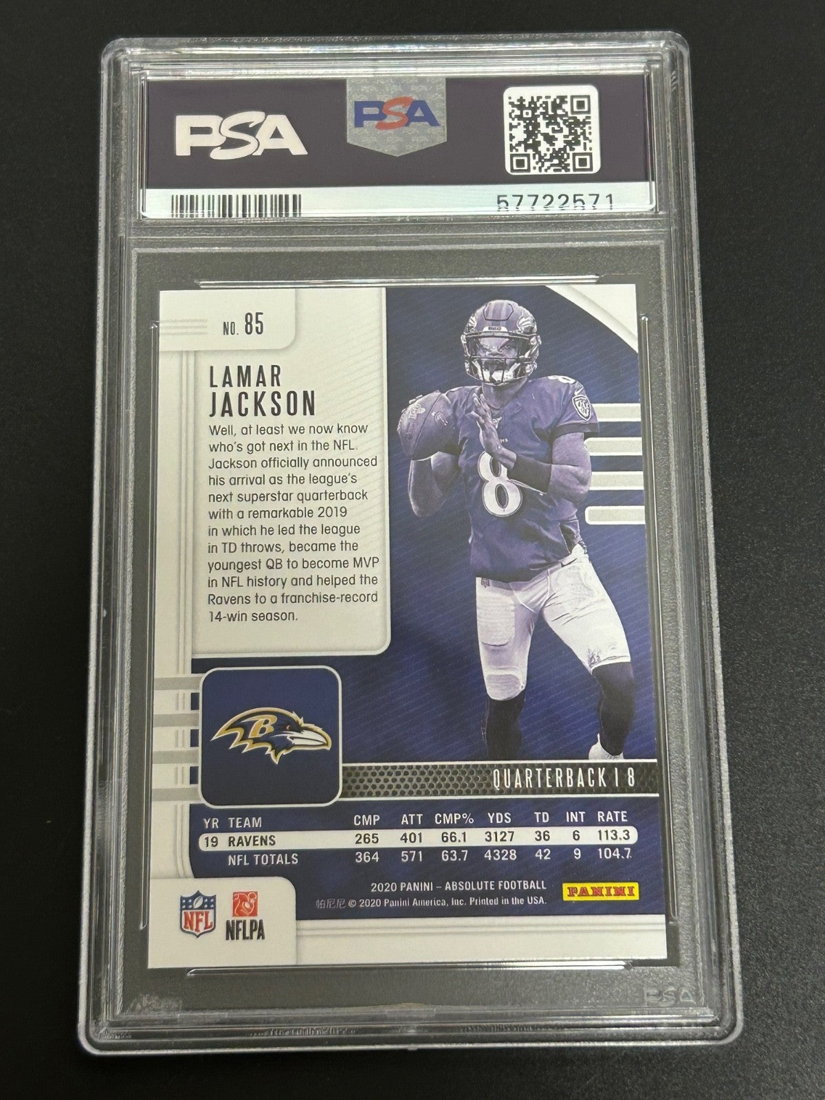 2020 Panini Absolute #85 Lamar Jackson Green PSA 9 MT 571