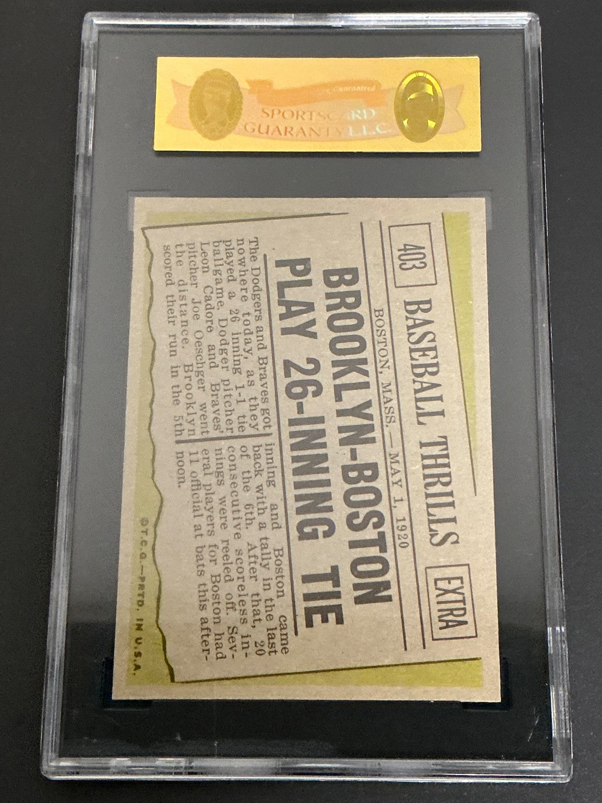 1961 Topps #403 Baseball Thrills Brooklyn-Boston Play 26 Inning Game Tie SGC 7.5
