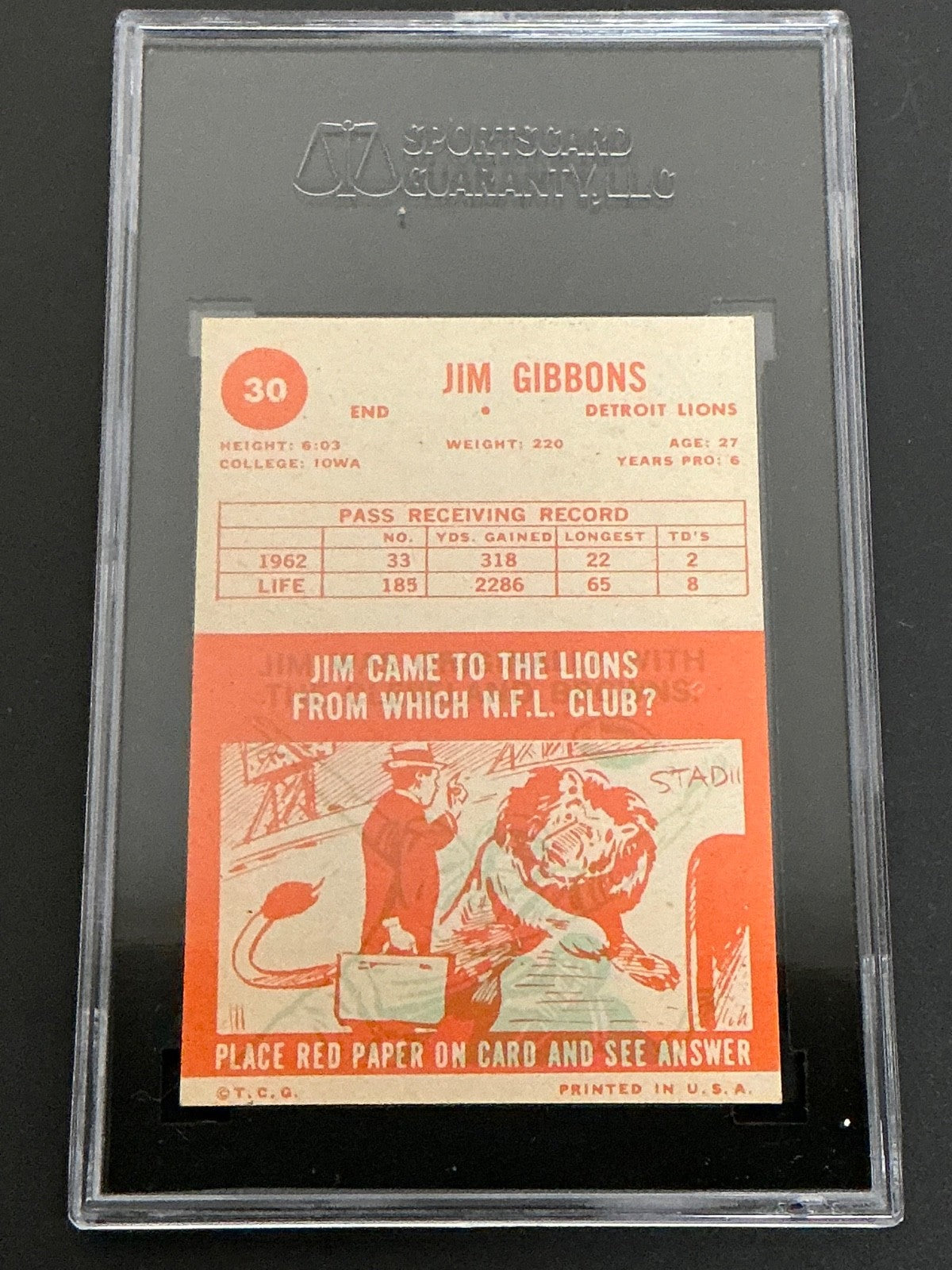 1963 Topps #30 Jim Gibbons Lions SGC 6 EX/NM 021