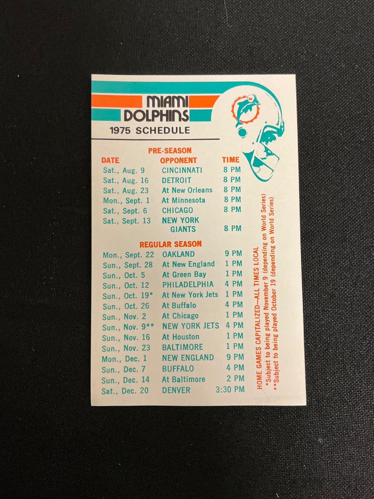 1975 Miami Dolphins Football Pocket Schedule 