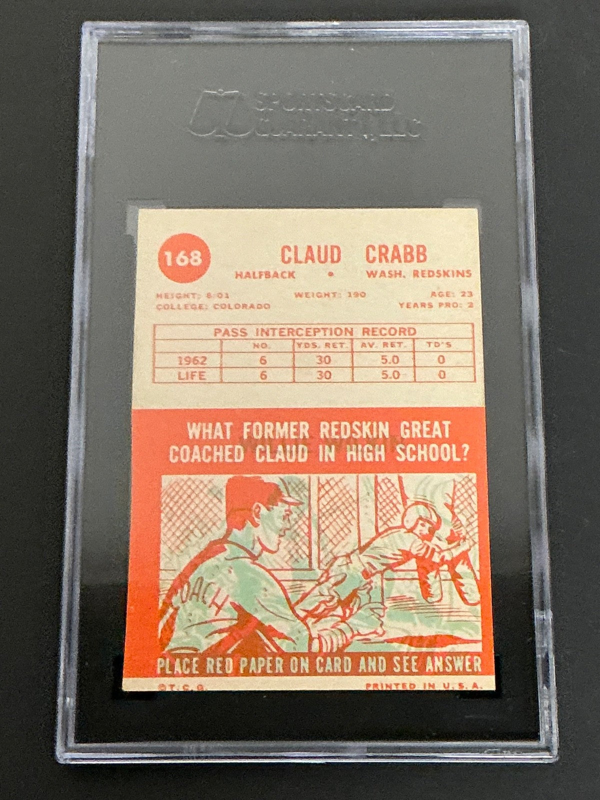 1963 Topps #168 Claud Crabb Redskins SGC Authentic 040 