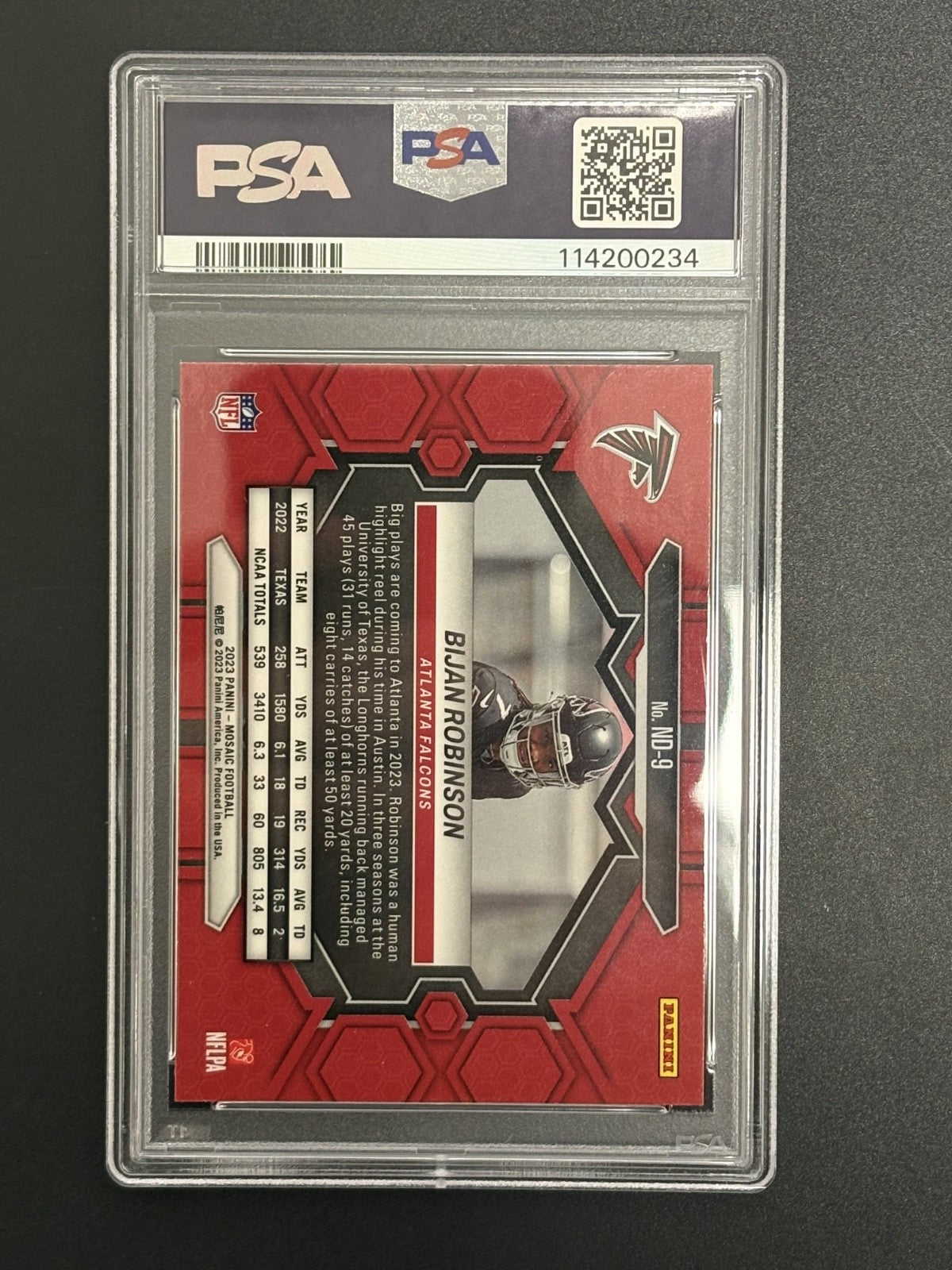 2023 Mosaic #ND9 Bijan Robinson RC NFL Debut Autographed Card PSA/DNA Cert 234