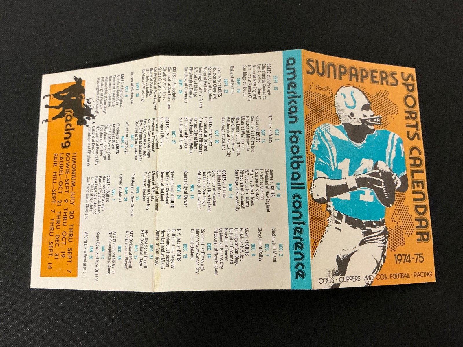 1974-1975 Colts, Clippers, MD. College Football, Horse Racing Pocket Schedule