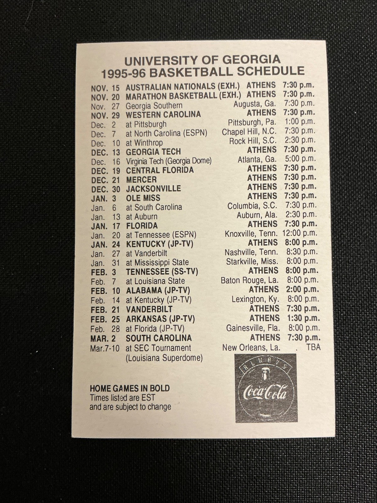 1995-1996 Georgia Bulldogs Men's Basketball Pocket Schedule 