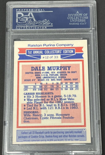 1984 Ralston Purina #12 Dale Murphy Atlanta Braves HAND CUT PSA 10 GEM MINT  - Duck's Dugout