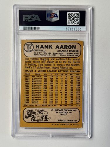 1968 Topps #110 Hank Aaron Atlanta Braves VG-EX PSA 4 Graded Baseball Card
