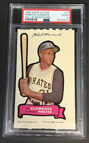1968 TOPPS ACTION ALL STAR STICKERS #12 ROBERTO CLEMENTE HOF PIRATES PSA 2  270 - Duck's Dugout